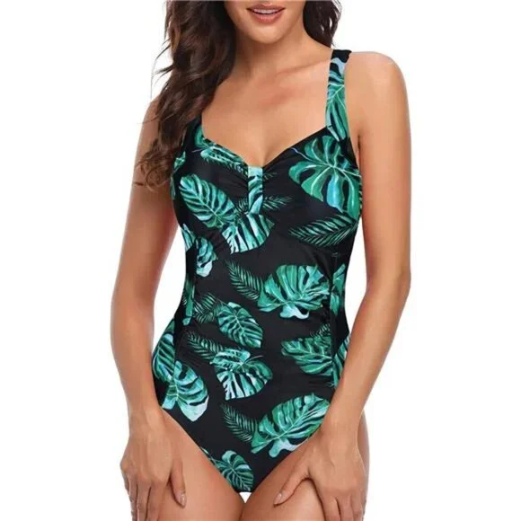 Vintage Tummy Control Ruched One Piece Swimsuit, Green Leaf Print, Backless